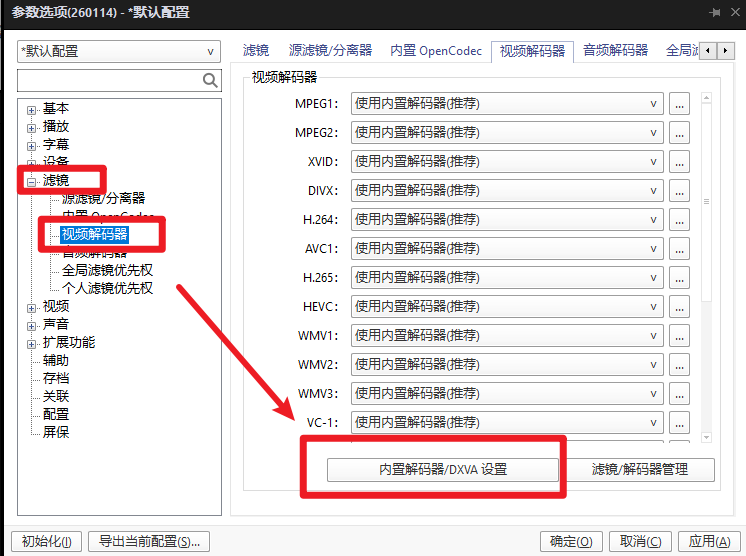内置解码器/DXVA 设置